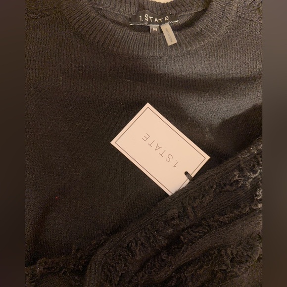 1. State black crew neck sweater fringe sleeves M NWT - Picture 2 of 3
